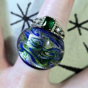 Handblown Glass Green and Blue Swirl Ring